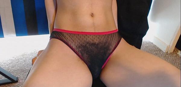 Hairy Pussy under Sheer Black and Pink Panties gets Fucked by Blue Dildo